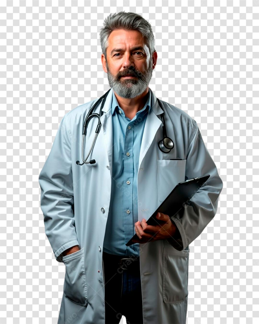 Médico com barba segurando prancheta
