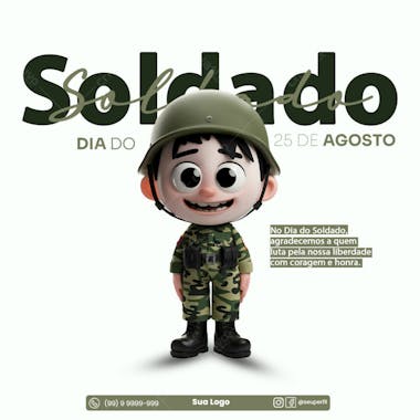 Flyer dia do soldado com personagem 3d 25 de agosto 2024