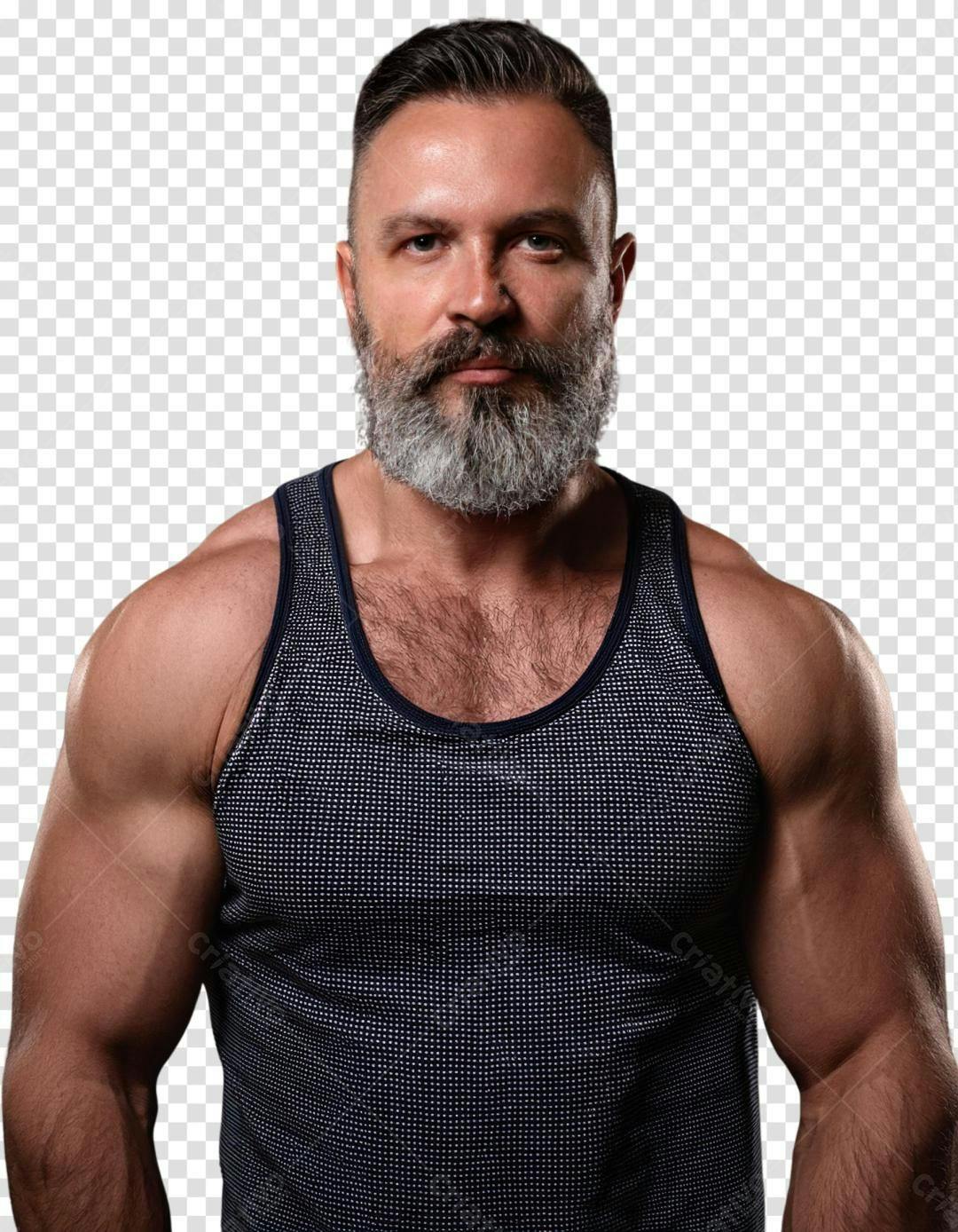 Homem musculoso com barba grisalha usando regata