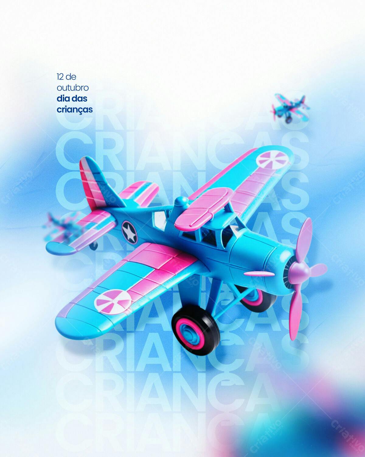 Flyer Dia das Crianças Avião Azul e Rosa PSD Editável