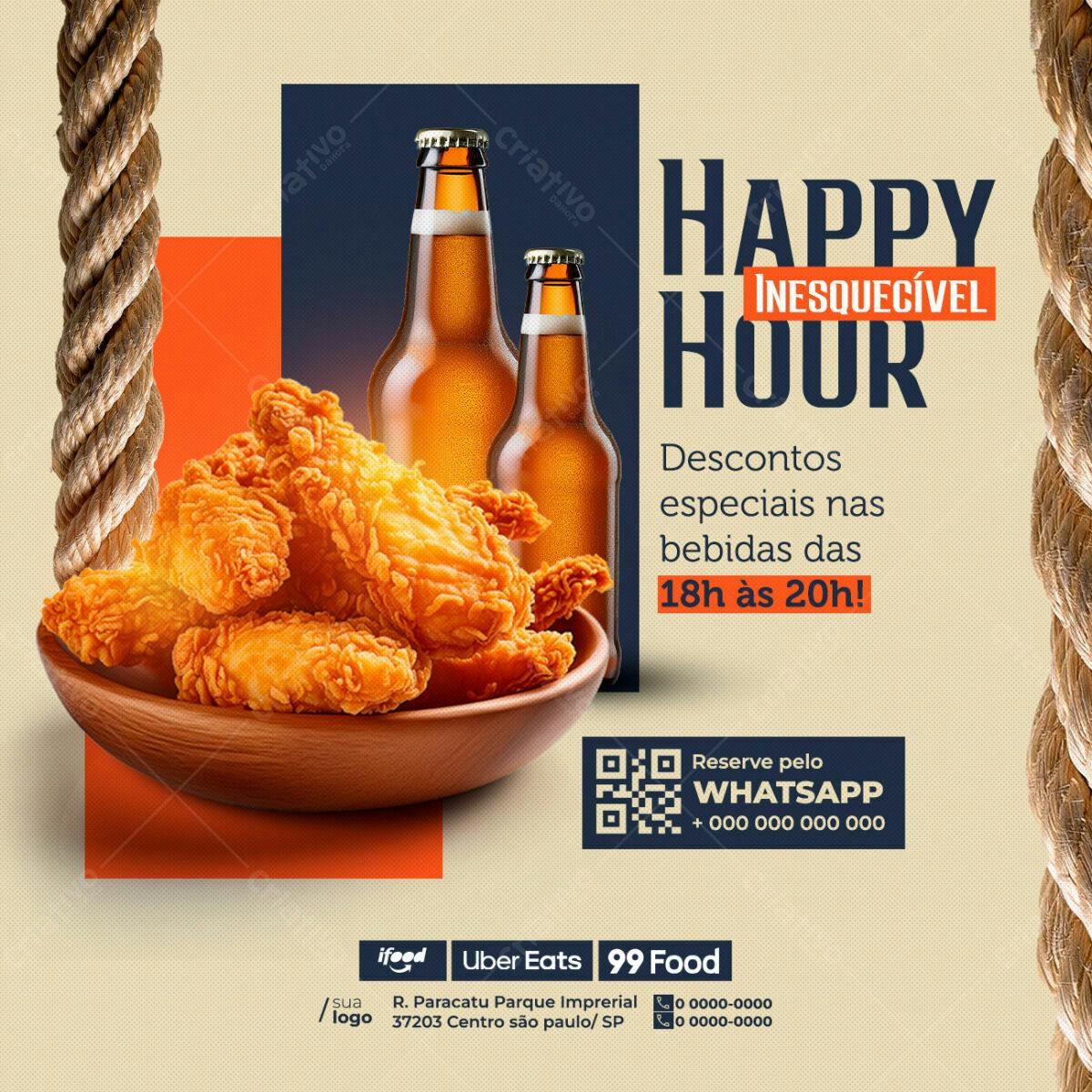 Flyer Happy Hour com Frango Frito e Cerveja PSD Editável