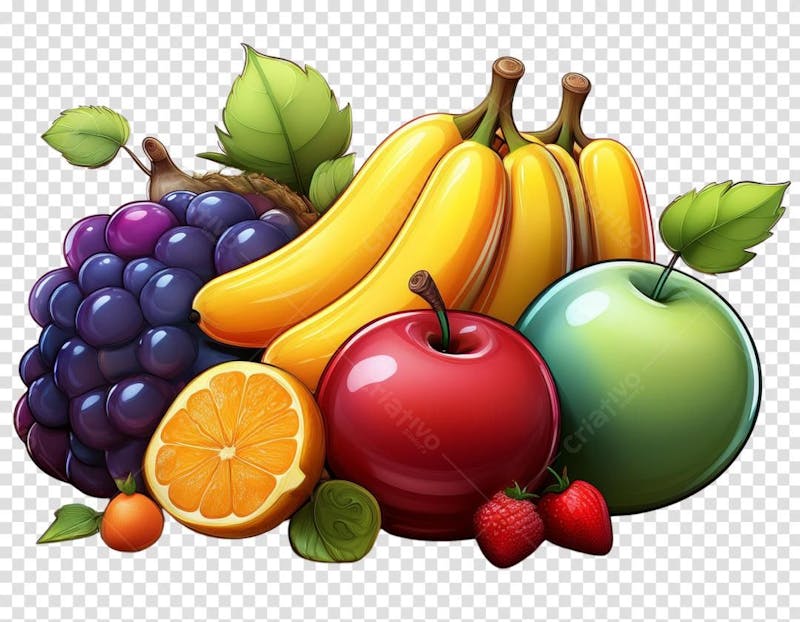 Frutas maçã banana uvas laranja png fundo transparente