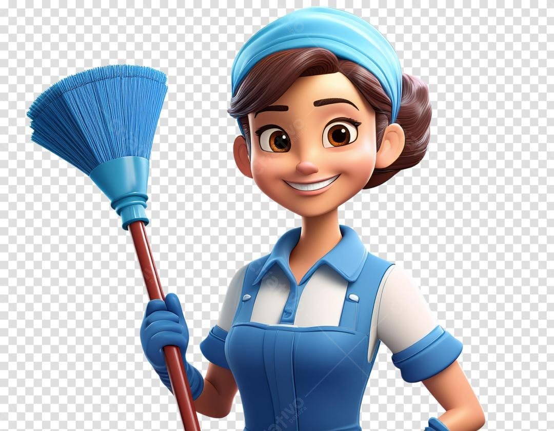 Mulher animação segurando vassoura azul
