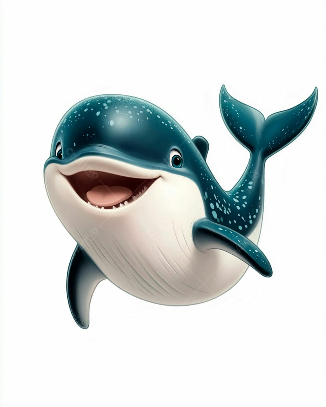 Baleia azul feliz nadando fundo branco