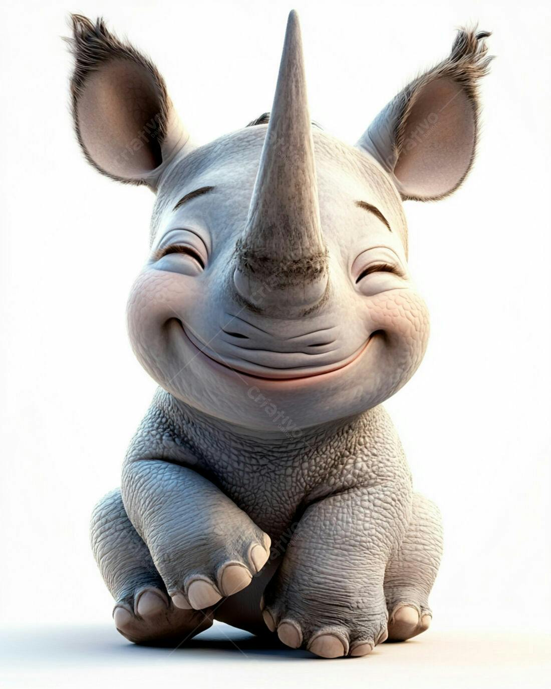 Rinoceronte bebê feliz sentado fundo branco