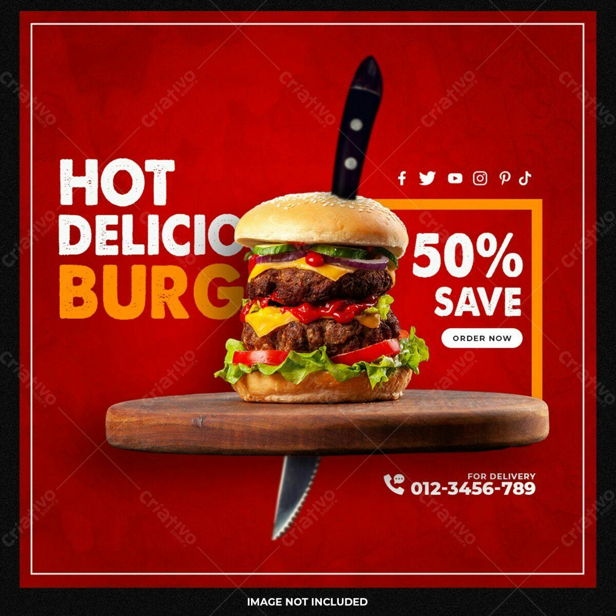 Postagem Promoção 50% Burger PSD Editável