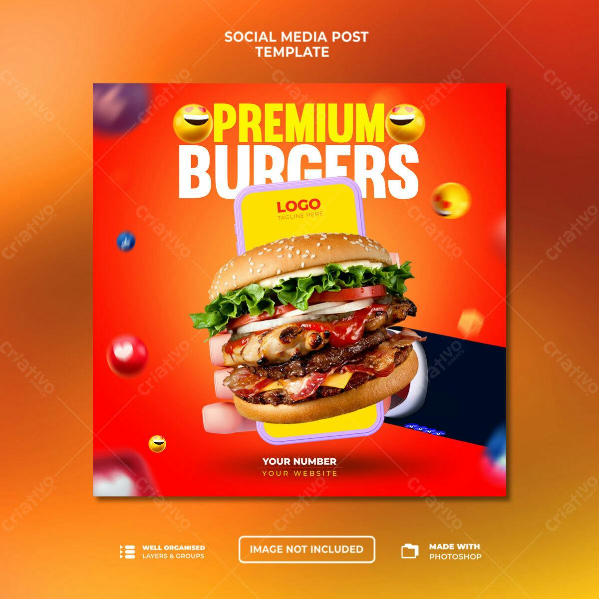 Post para Mídias Sociais de Hambúrguer Premium PSD Editável