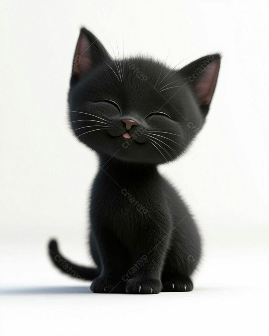 Gatinho Preto Feliz sorrindo fundo branco
