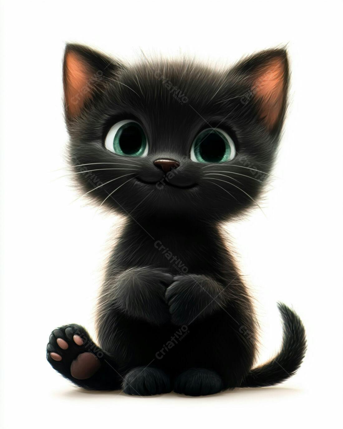 Gatinho preto fofo sentado fundo branco