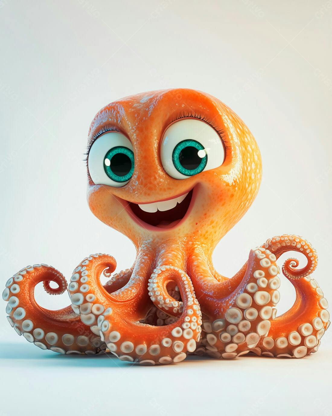 Polvo animado laranja sorrindo fundo branco