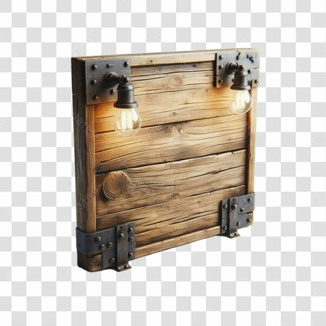 Placa de madeira rústica com lâmpadas PNG com fundo transparente