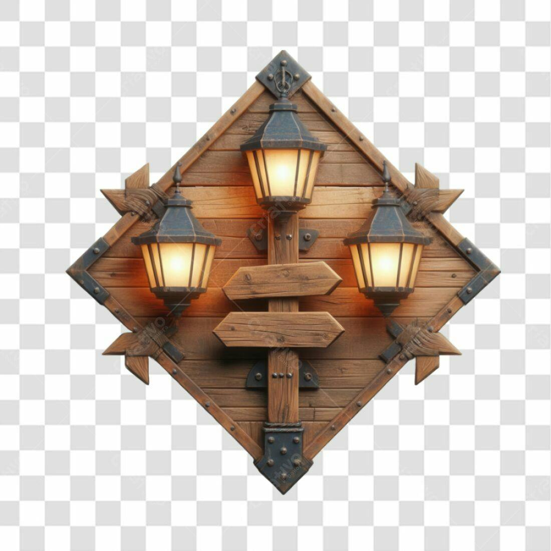 Placa de madeira rústica com lanternas PNG com fundo transparente