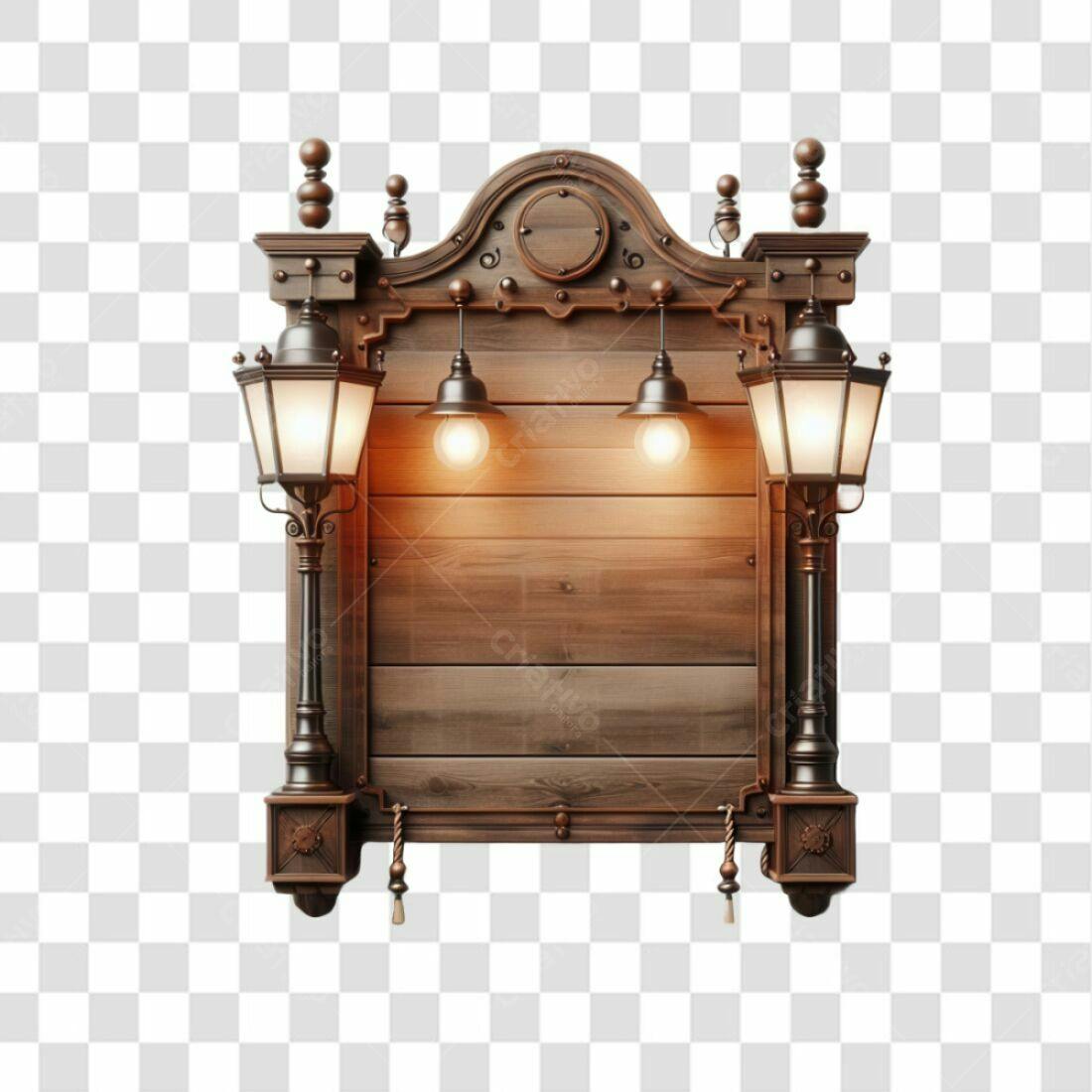 Placa de Madeira Vintage com Lampiões PNG com fundo transparente