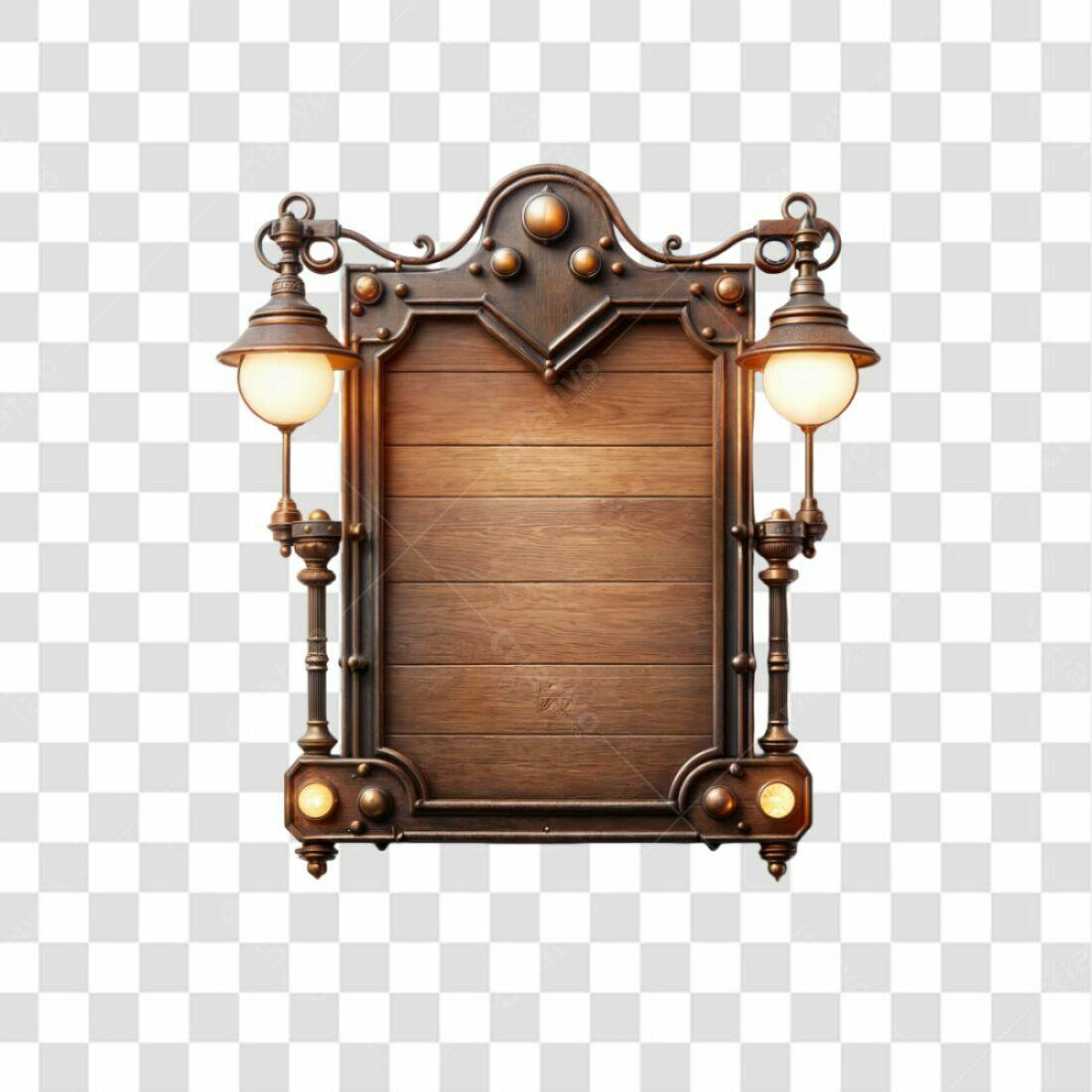 Placa de Madeira Vintage com Lampiões PNG com fundo transparente