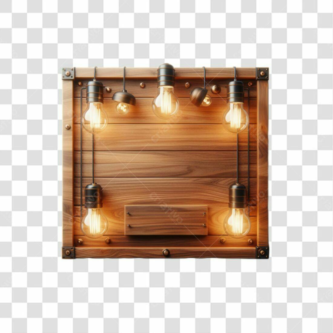 Quadro de madeira com lâmpadas PNG com fundo transparente