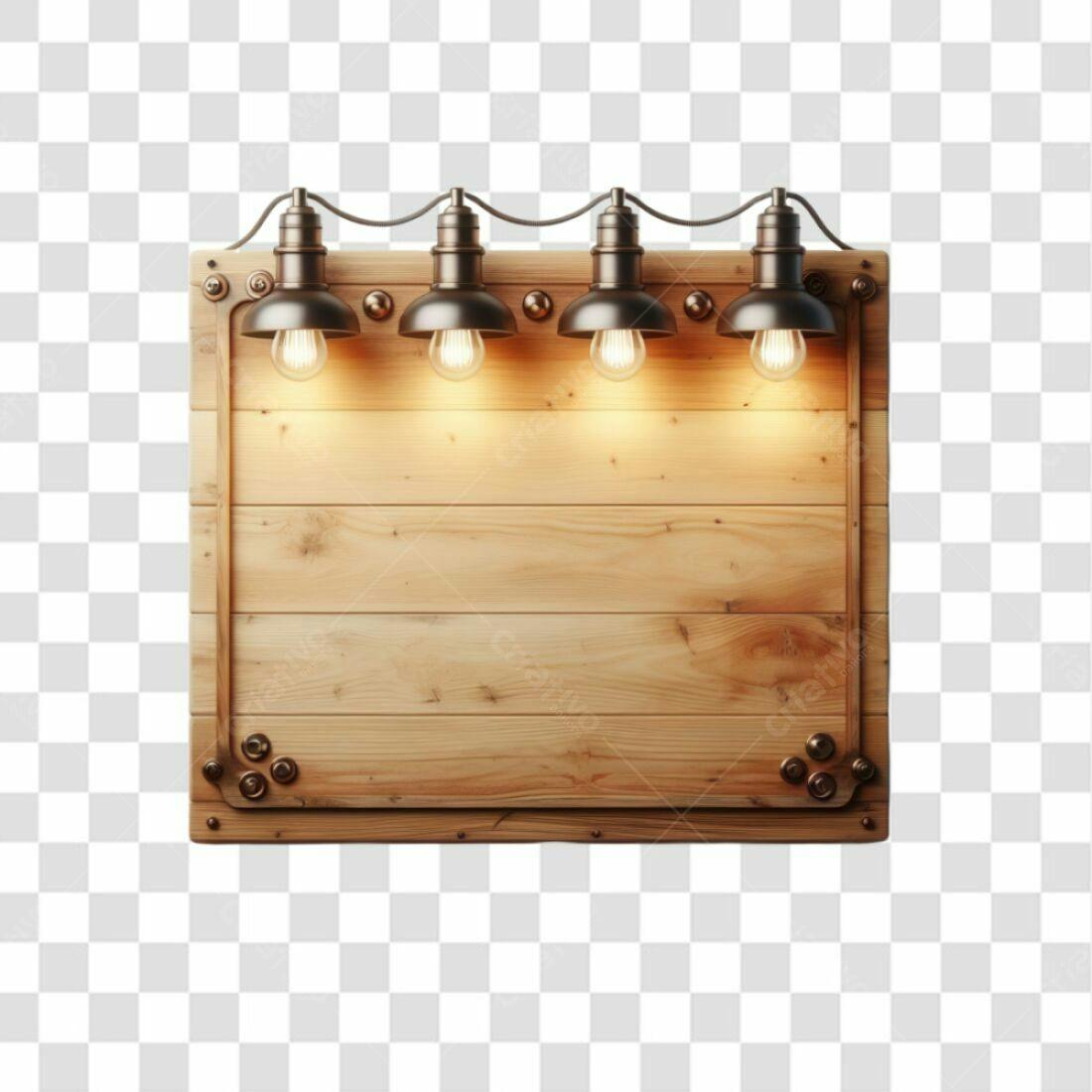 Placa de madeira rústica com lâmpadas PNG com fundo transparente
