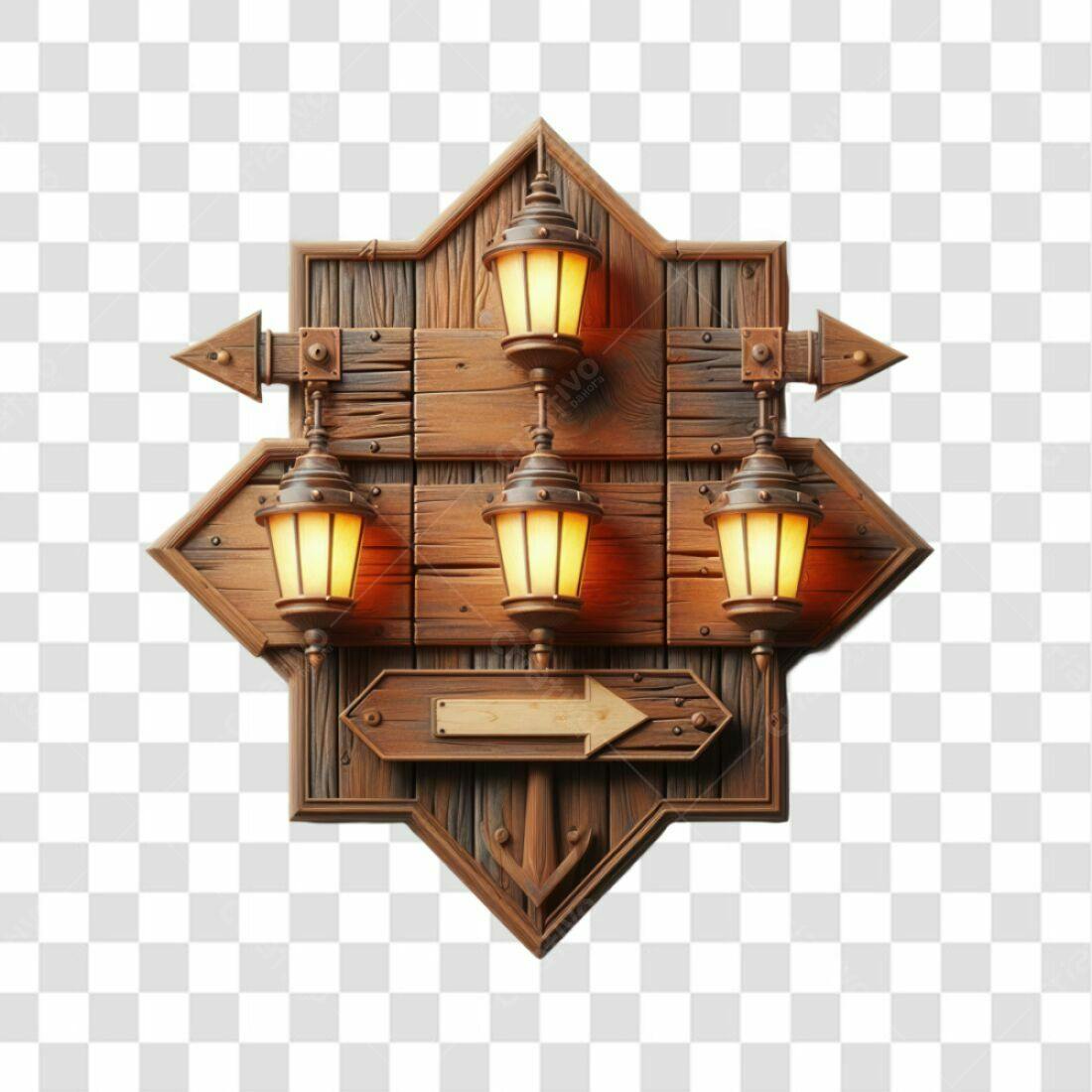 Placa de madeira rústica com lanternas PNG com fundo transparente