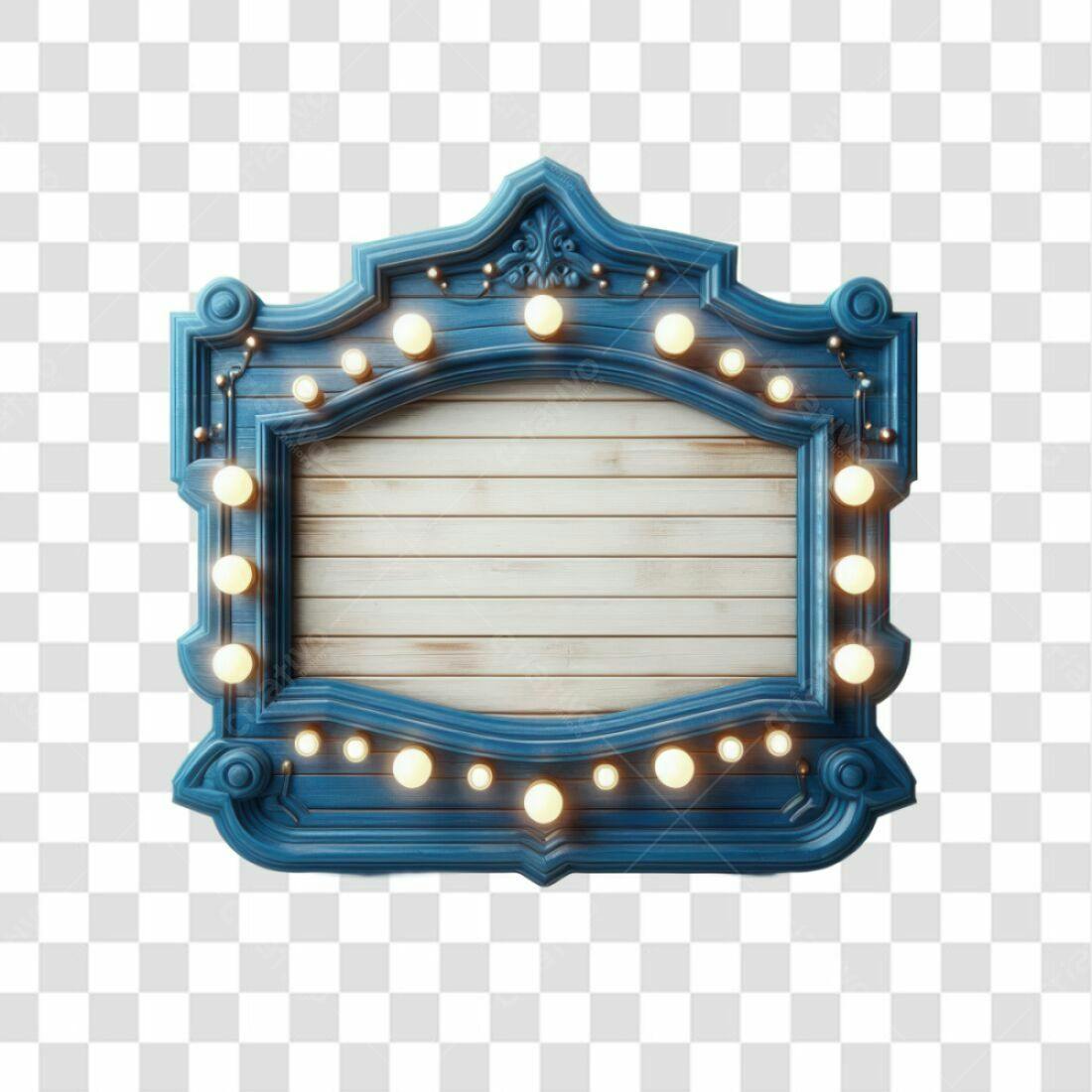 Placa de madeira azul com lâmpadas PNG com fundo transparente