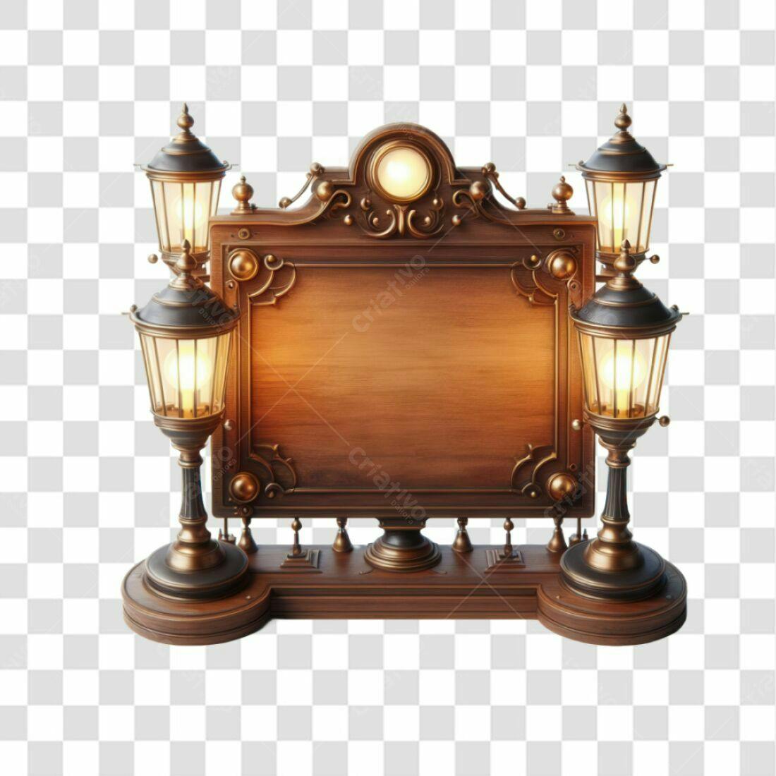 Placa de madeira estilo vintage com lamparinas PNG com fundo transparente