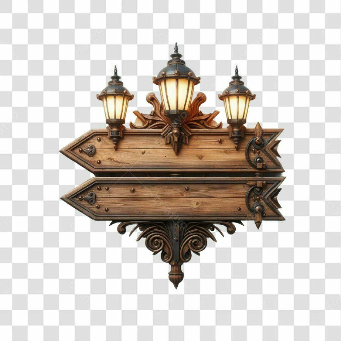 Placa de madeira com lanternas PNG com fundo transparente