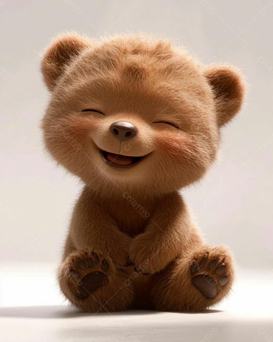 Ursinho pardo sorridente sentado fundo branco