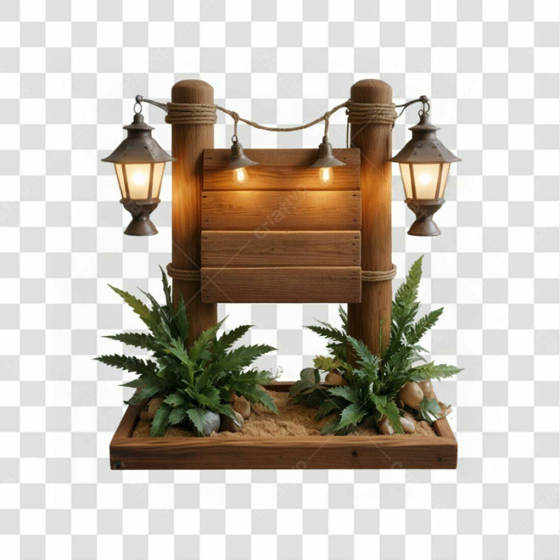 Placa de Madeira com Lanternas PNG com fundo transparente