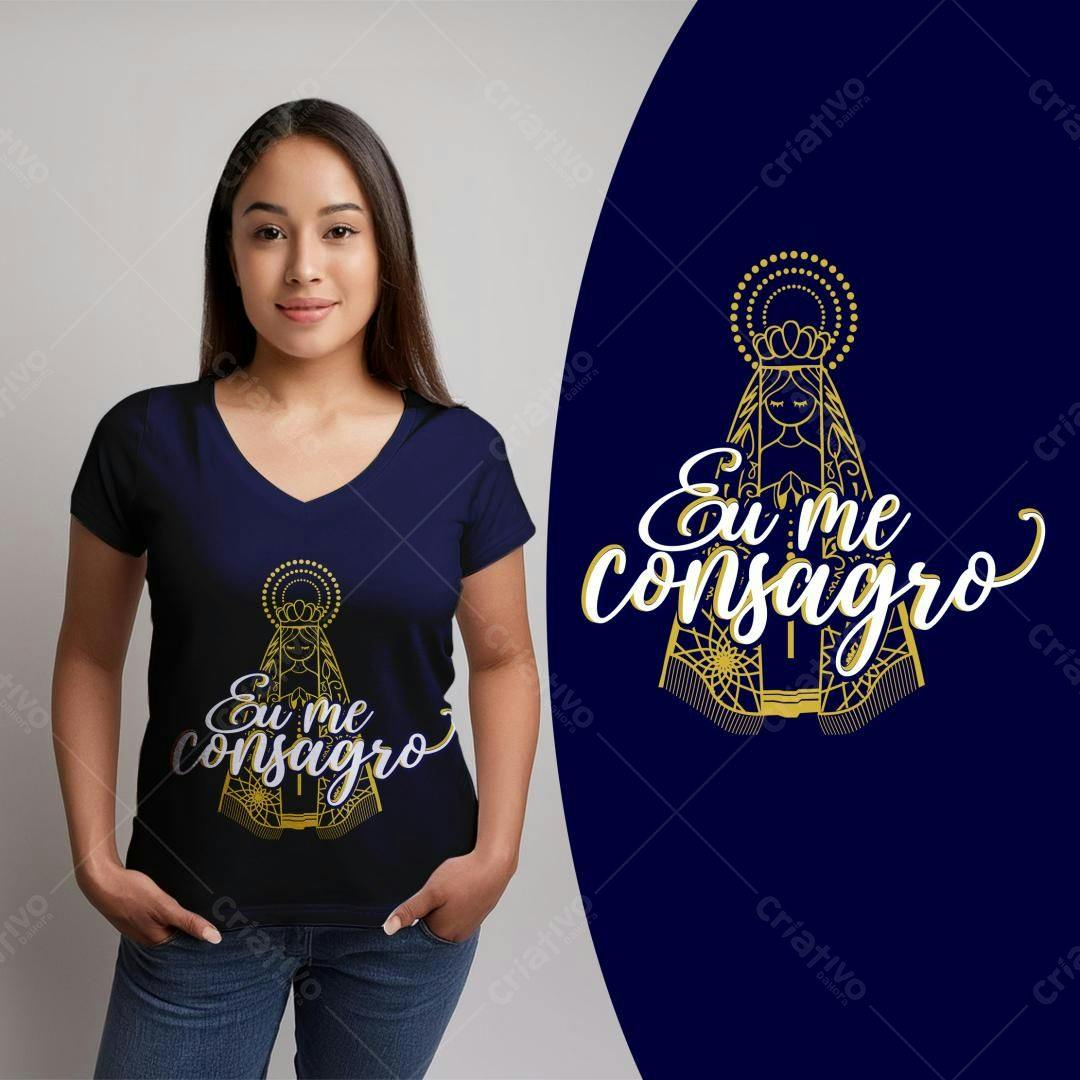 Mockup Camiseta Feminina - Design Religioso Dourado e Azul Escuro