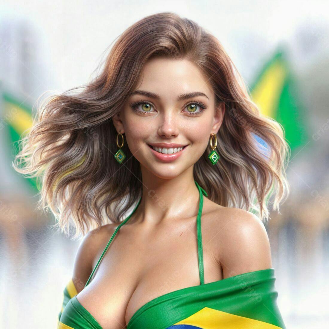 Modelo sorrindo com cabelo castanho e roupa verde amarela