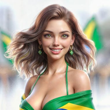 Mulher feliz com vestia em tema de bandeira do brasil