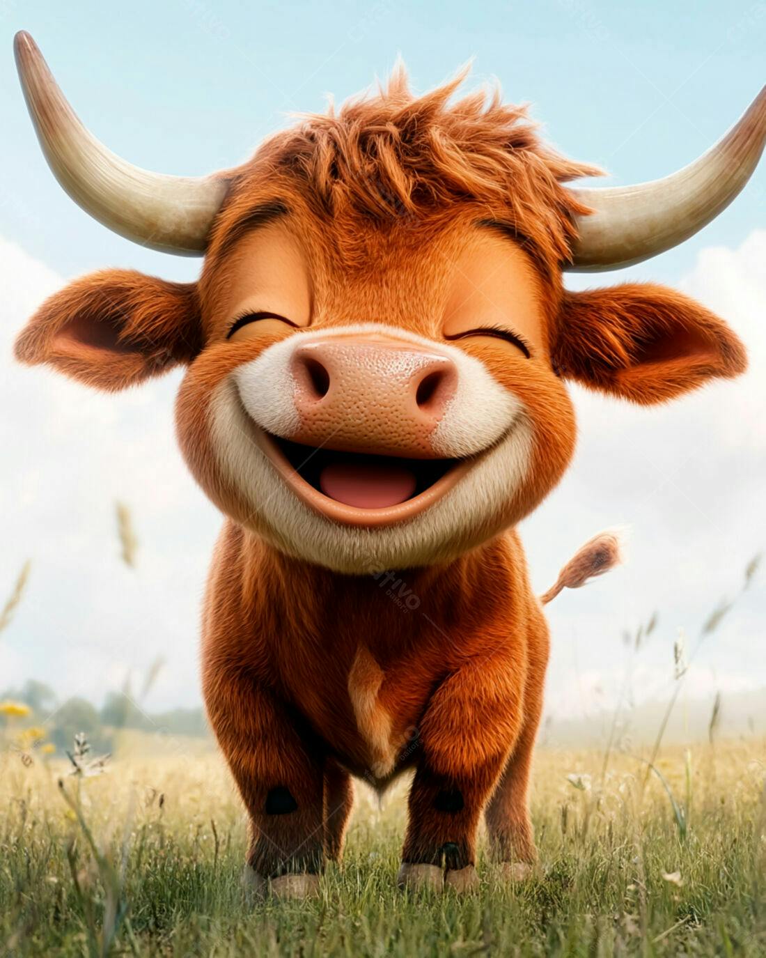 Touro animado feliz em campo verde