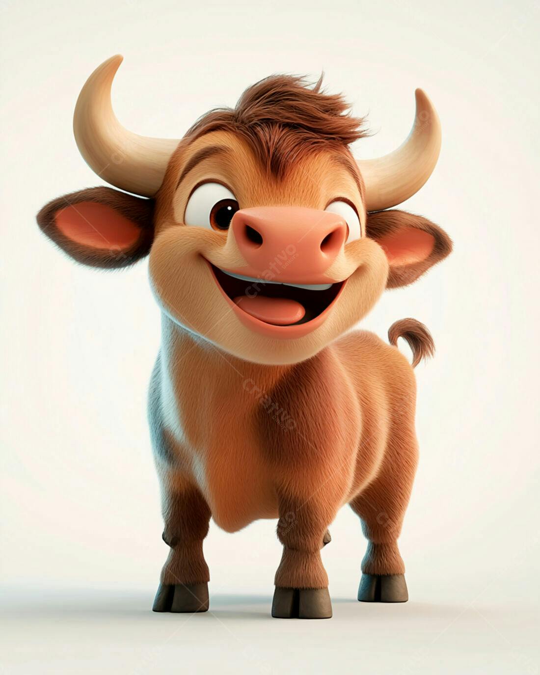 Touro animado marrom sorrindo fundo branco