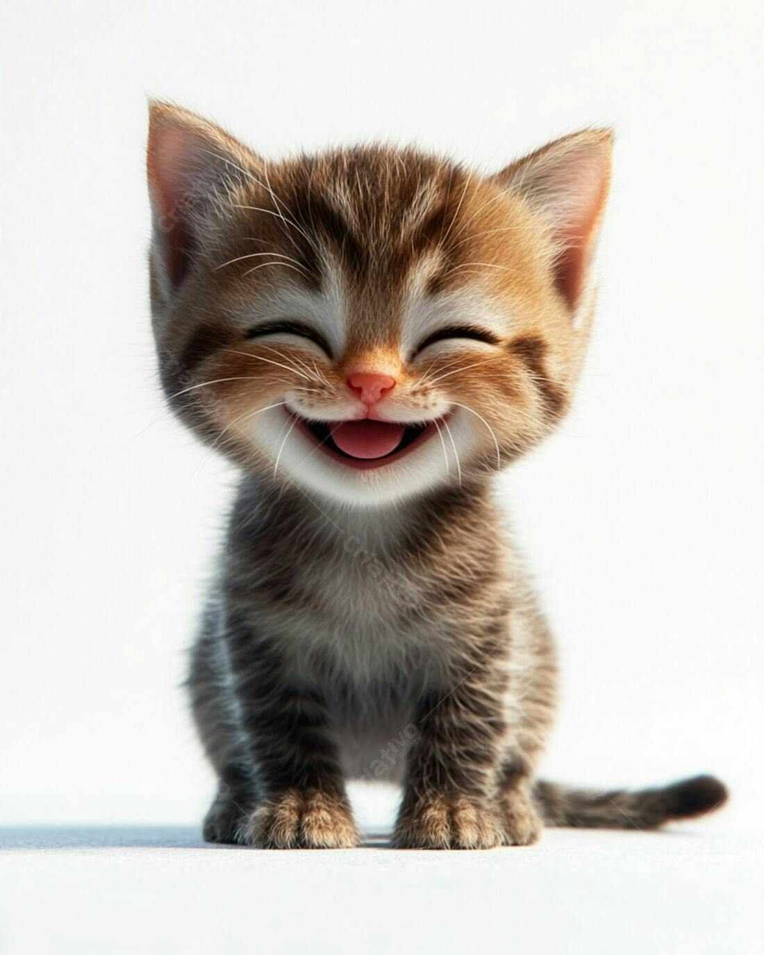 Gatinho marrom sorrindo fundo branco