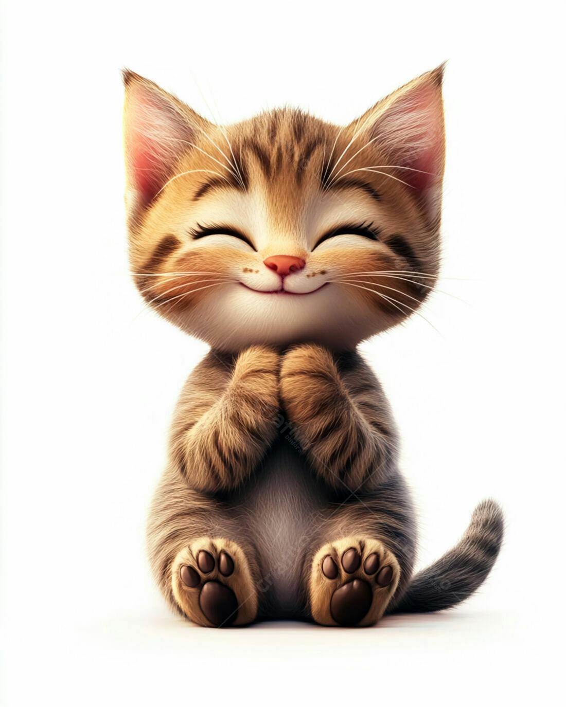 Gatinho fofo com patas juntas em fundo branco