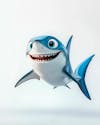 Image of a smiling blue shark on a white background.