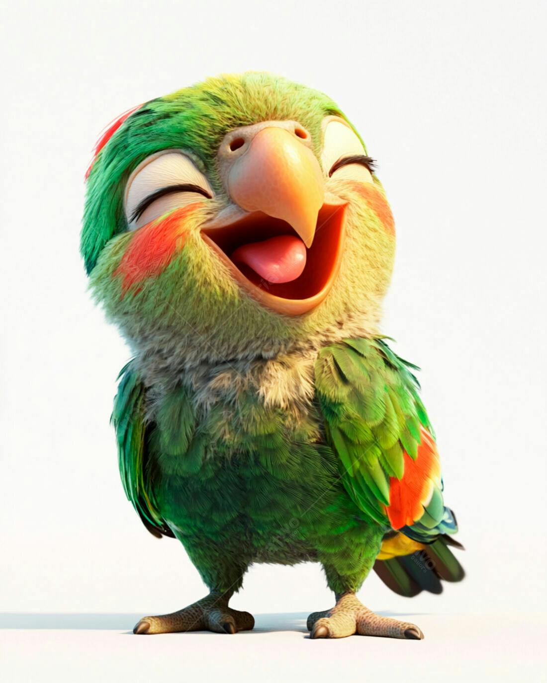 Papagaio verde rindo fundo branco