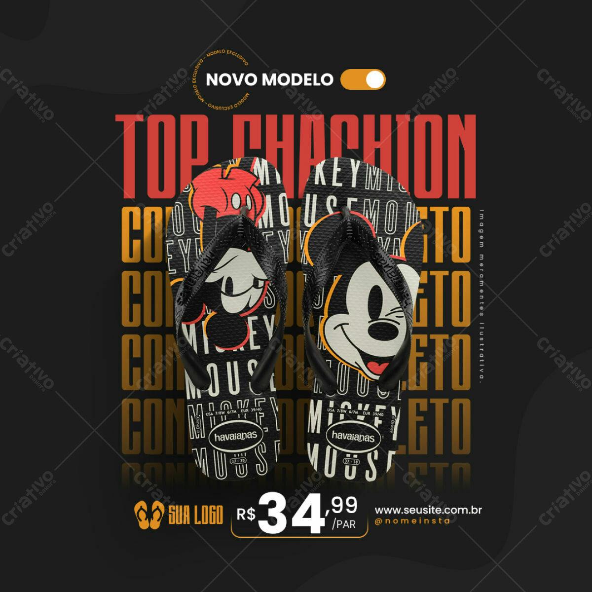 Modelo de Chinelo Havaianas Mickey Mouse PSD Editável