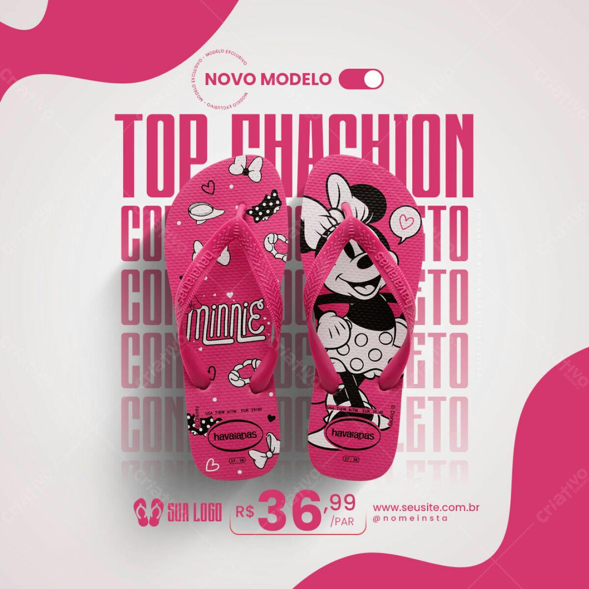 Modelo de Chinelo Havaianas Minnie Rosa PSD Editável