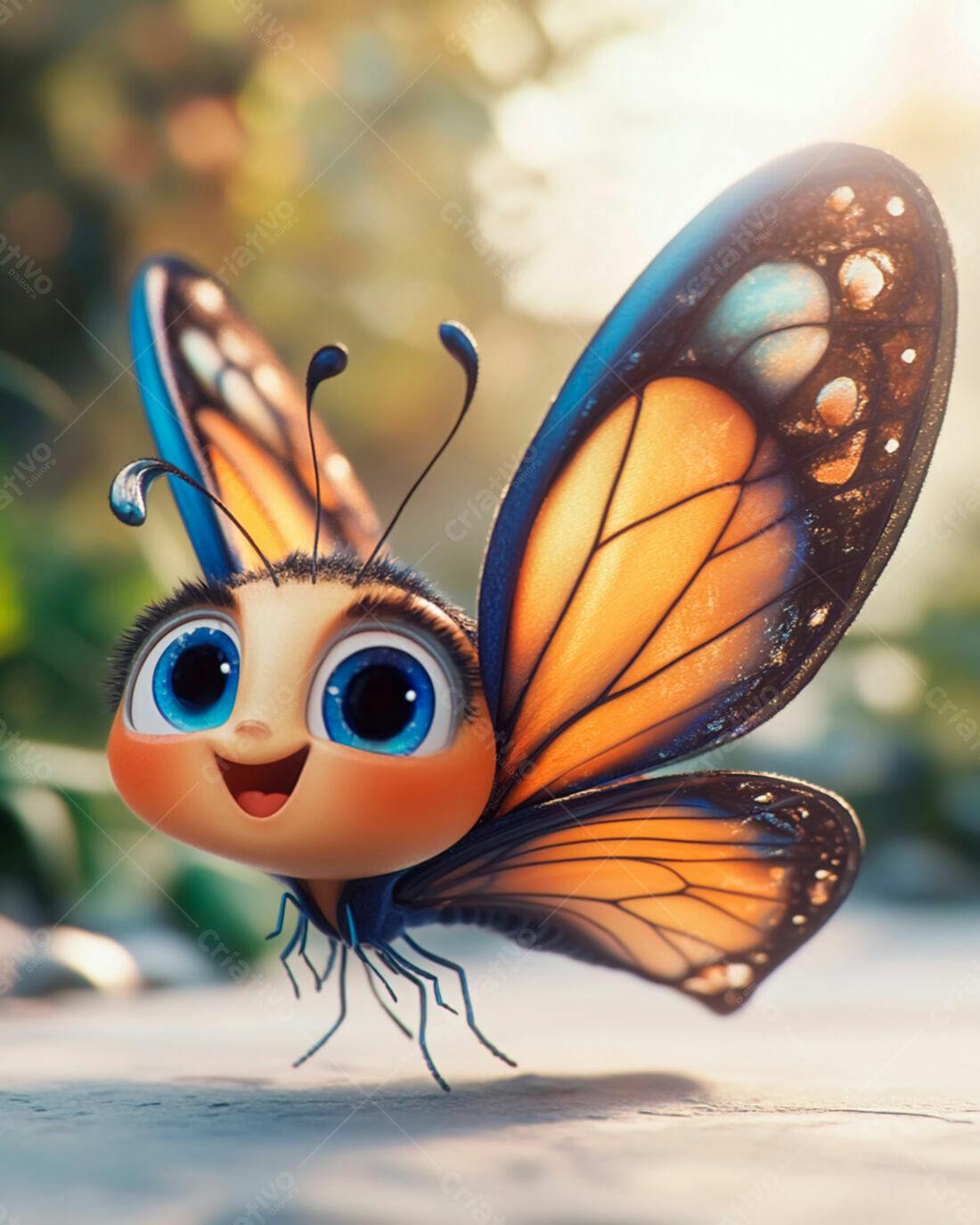 Borboleta fofa laranja e azul sorrindo