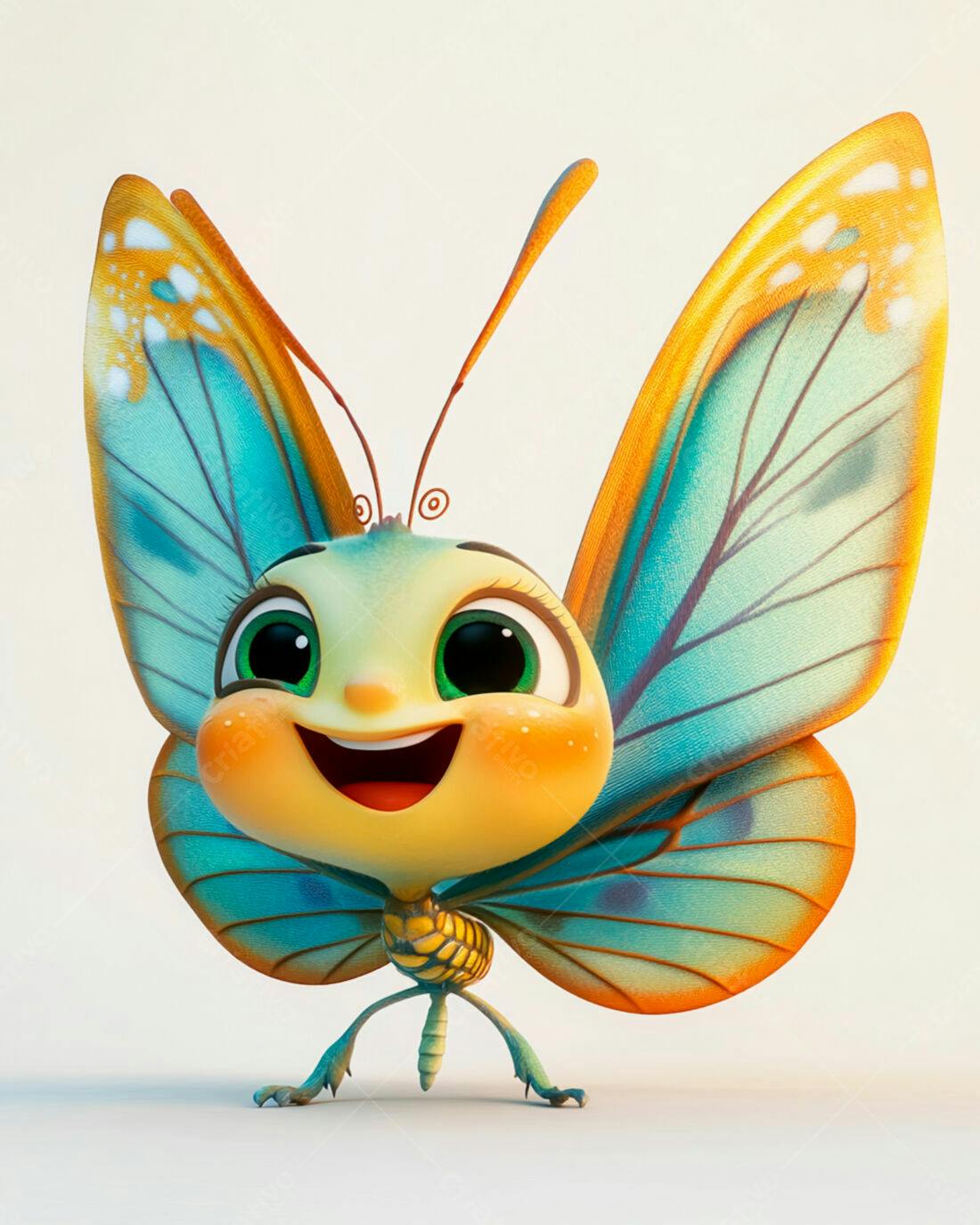 Borboleta fofa azul e amarela sorrindo