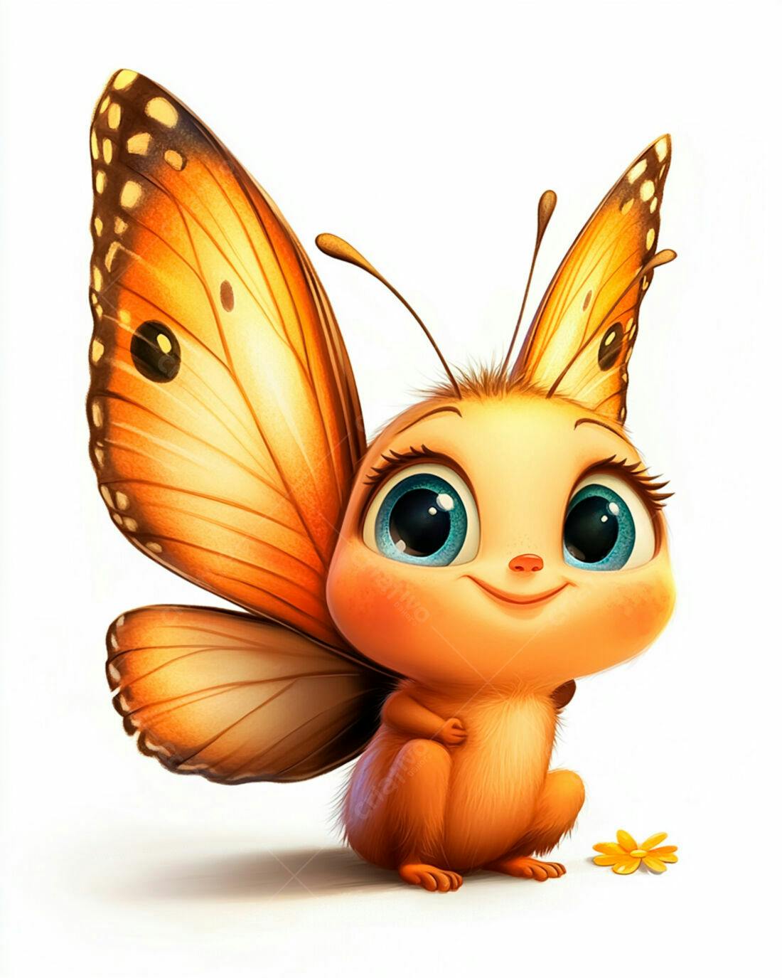 Borboleta fofa laranja com grandes olhos azuis