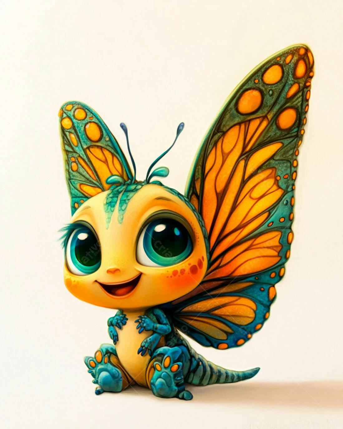 Criatura fofa com asas de borboleta amarelo e azul
