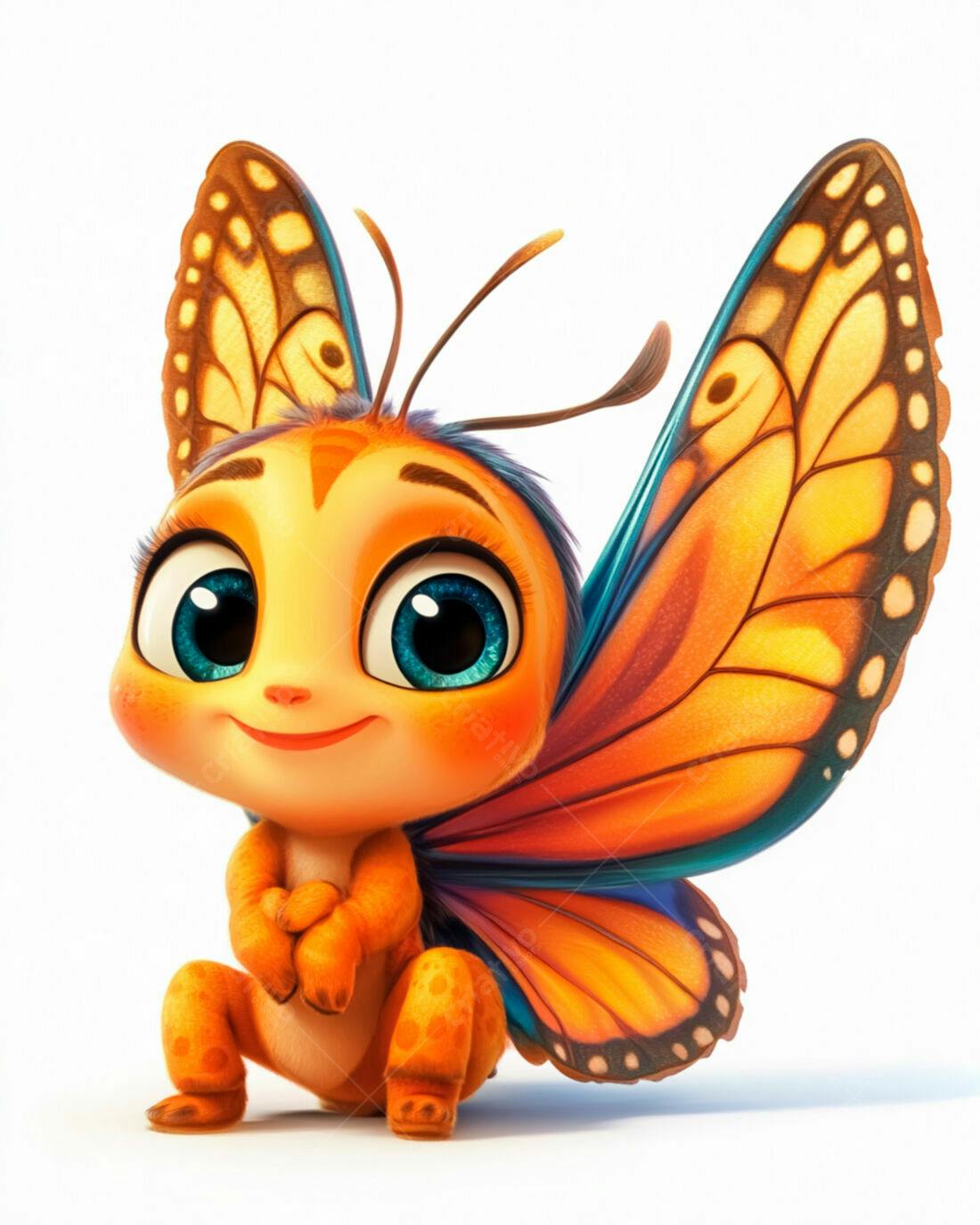 Borboleta fofa laranja e azul sorrindo
