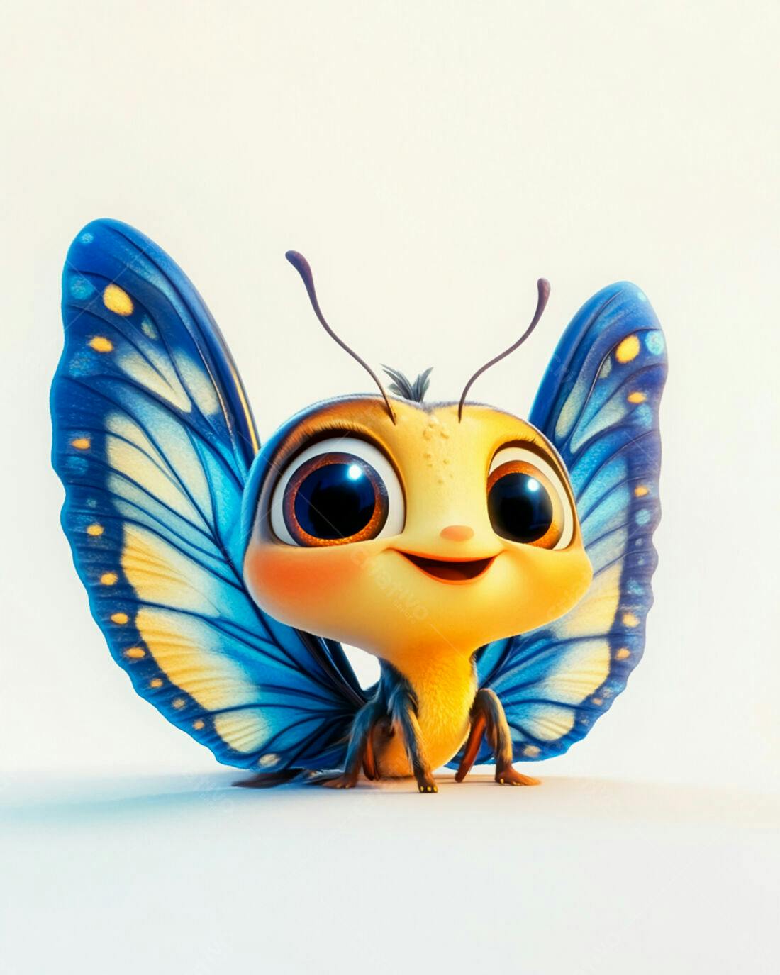 Borboleta fofa azul e amarela sorrindo