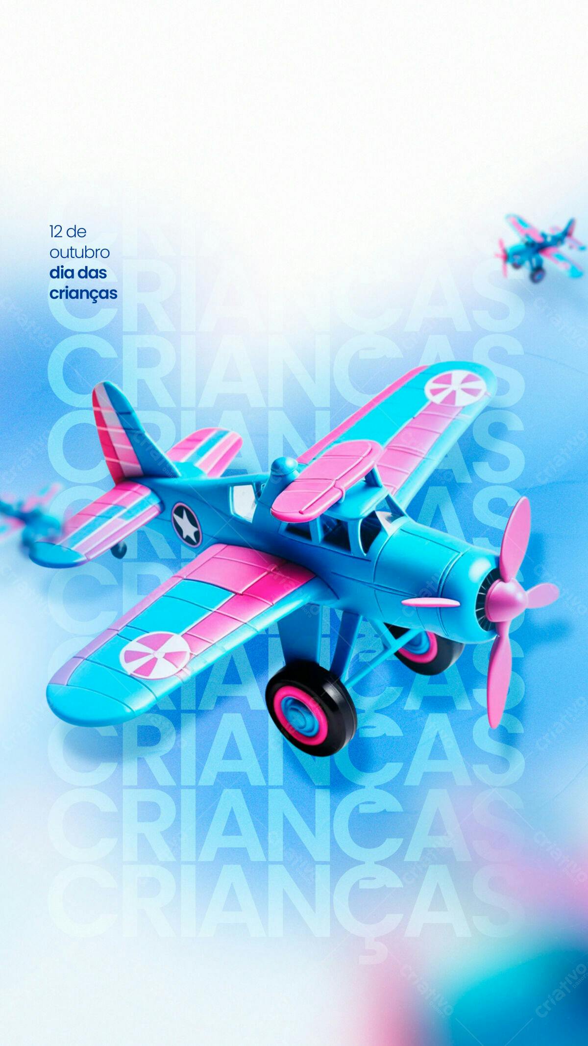 Flyer Dia das Crianças Avião Azul e Rosa PSD Editável