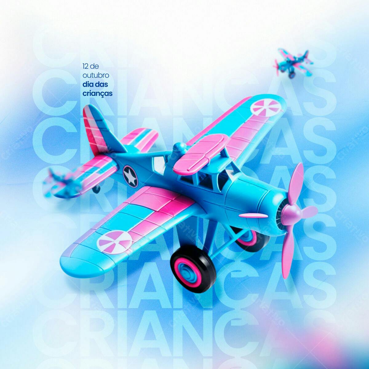 Flyer Dia das Crianças Avião Azul e Rosa PSD Editável