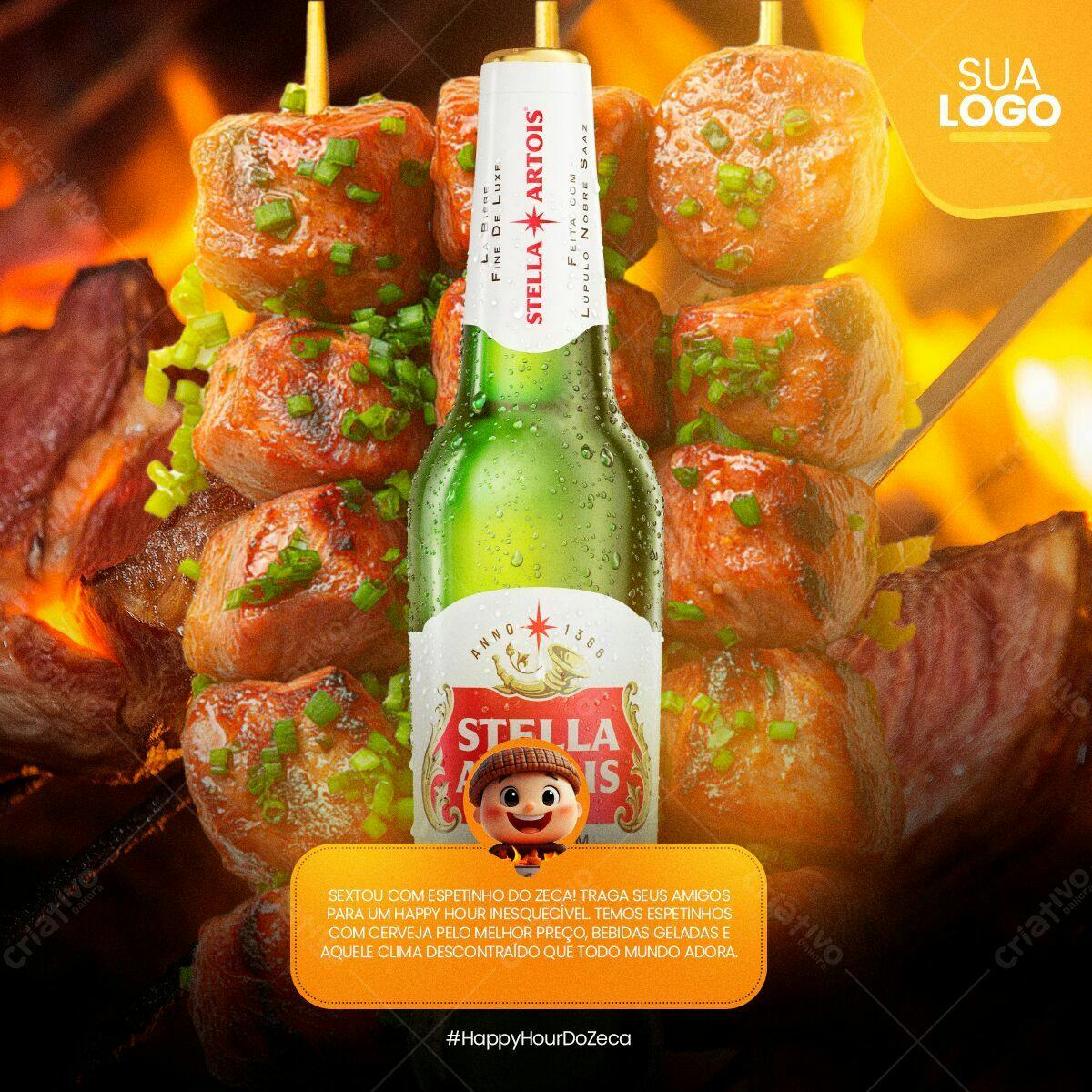Flyer Happy Hour com Churrasco e Cerveja Stella Artois PSD Editável
