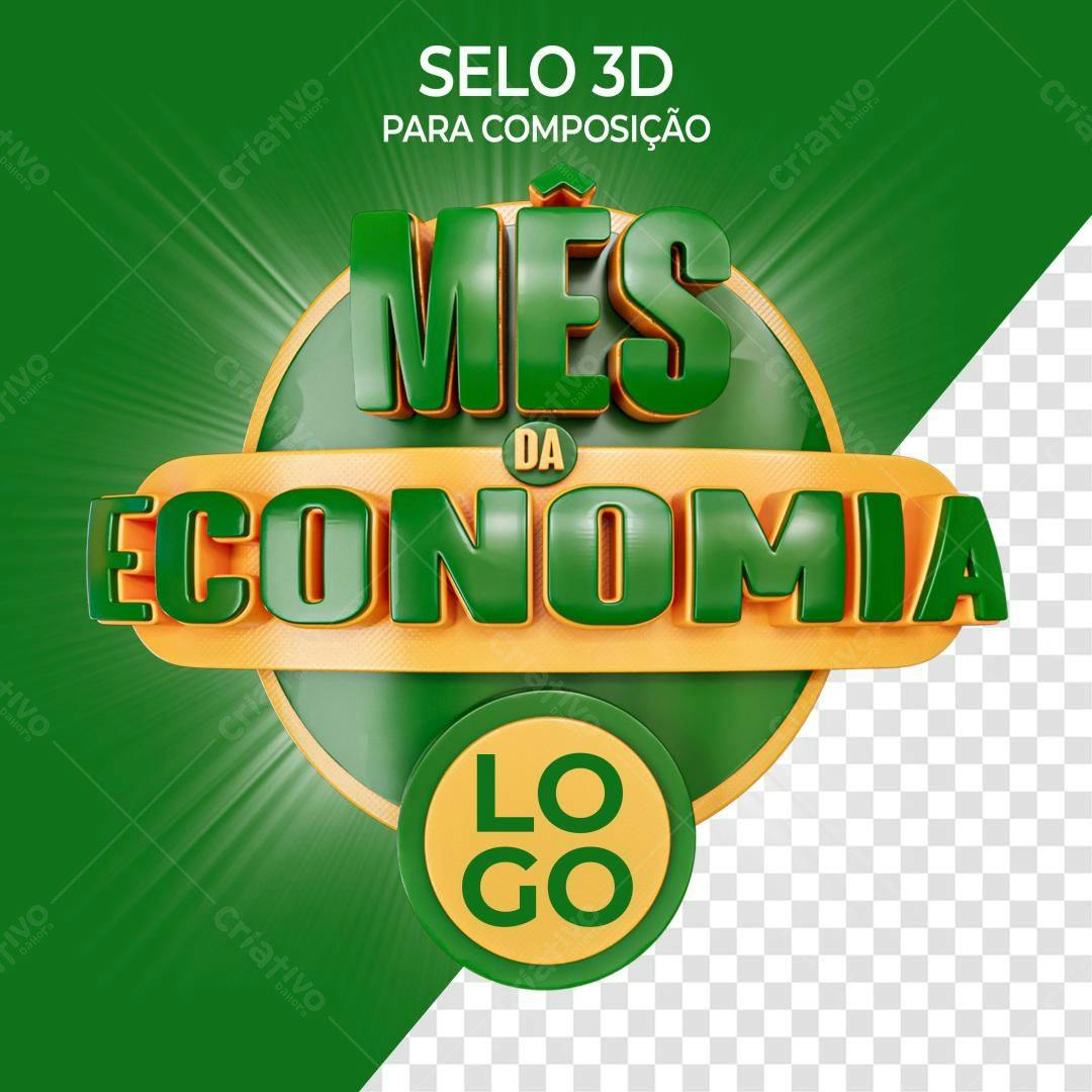 Selo 3D promocional verde e dourado mês da economia