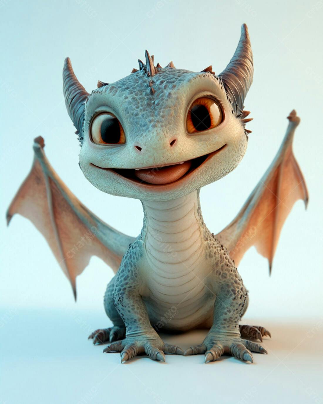 Bebê dragão azul sorrindo fundo claro