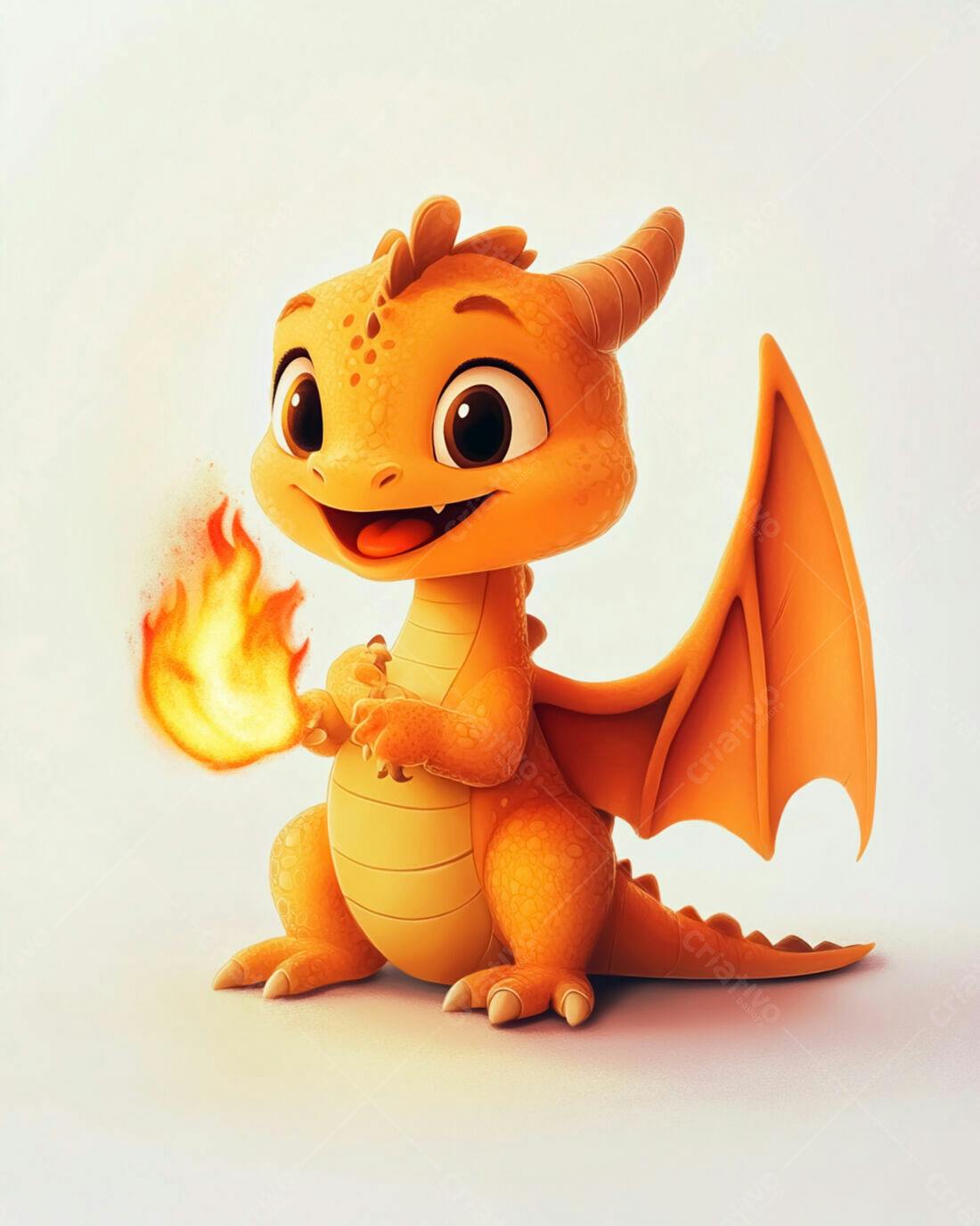 Bebê dragão laranja com fogo