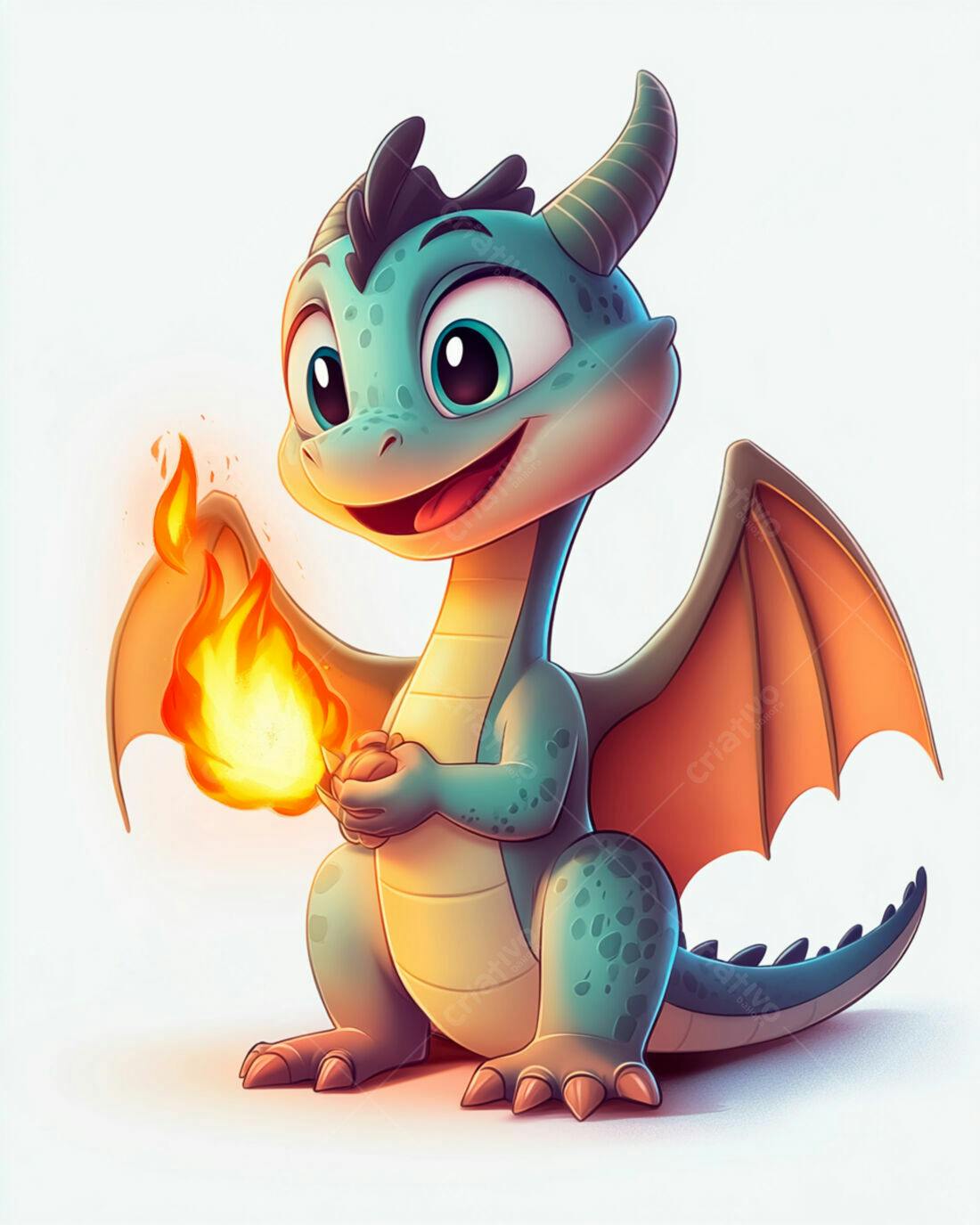 Bebê dragão azul com fogo
